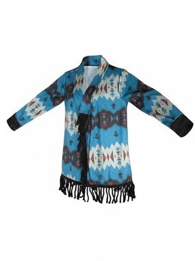 Southwestern Print Wrap with Fringe Blue Brown White Size Extra Large